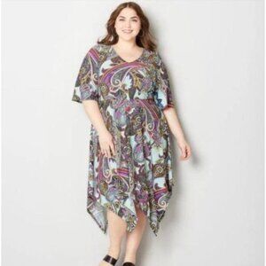 NEW Avenue 22/24 Paisley Dress Handkerchief Hem Elbow Length Sleeves V-Neck NWT